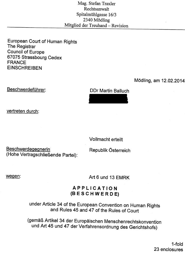 Meine (erste) Beschwerde in der Tierschutzcausa an den Europäischen Gerichtshof für Menschenrechte!