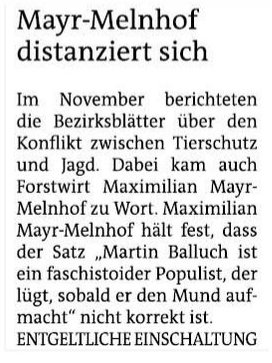 Max Mayr-Melnhof zahlt VGT € 480 und widerruft öffentlich seine Beleidigung